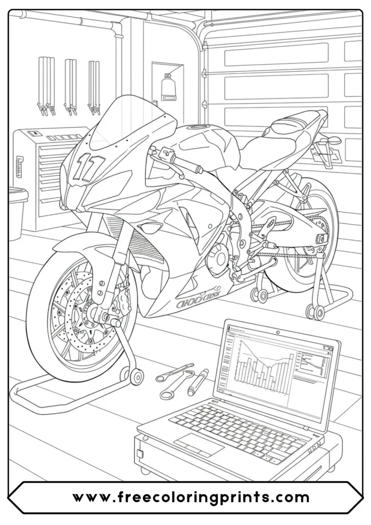 A race bike in the paddock garage, a behind-the-scenes bike coloring page for tech fans.