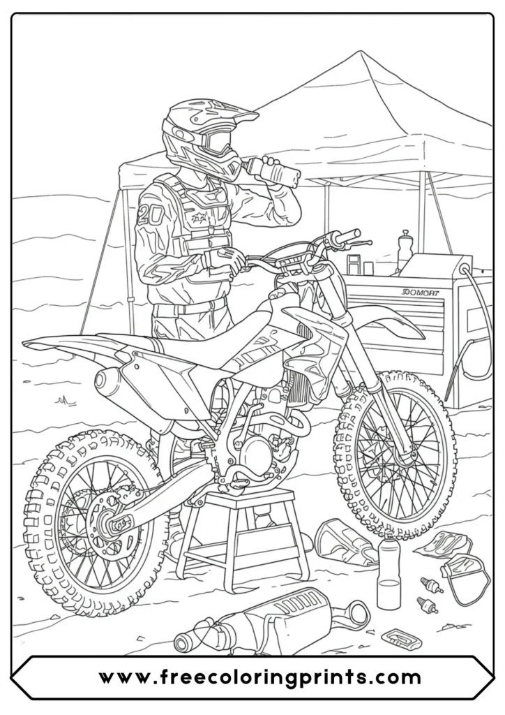A pit stop scene showing teamwork, a detailed motocross coloring page with multiple characters.
