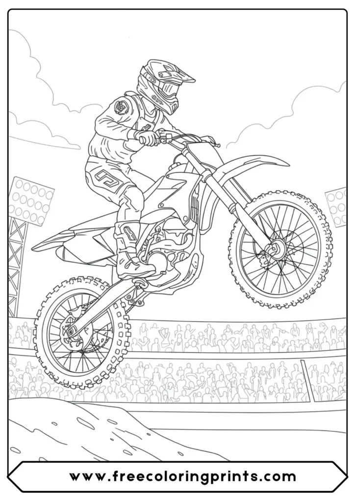 A motocross rider mid-air during a big jump, a dynamic choice from our dirt bikes coloring pages collection, perfect for fans of motocross coloring pages.
