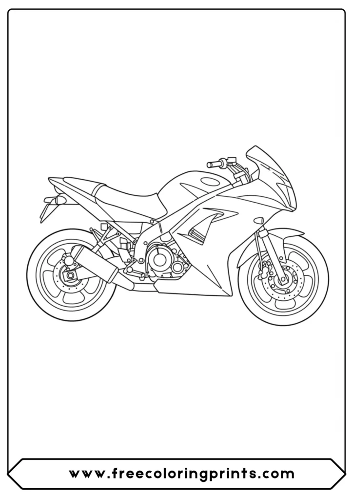 The simple outline of a motorcycle, a great motorcycle coloring page for creative freedom.