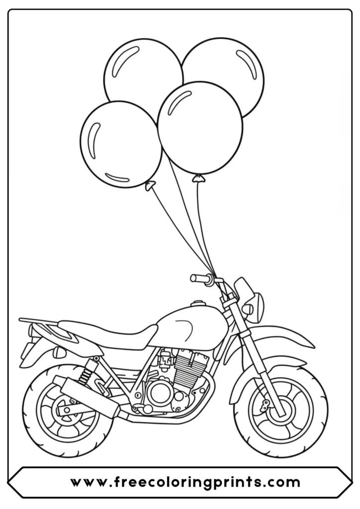 A simple bike with party balloons, a festive choice from our motorcycle printable coloring pages.