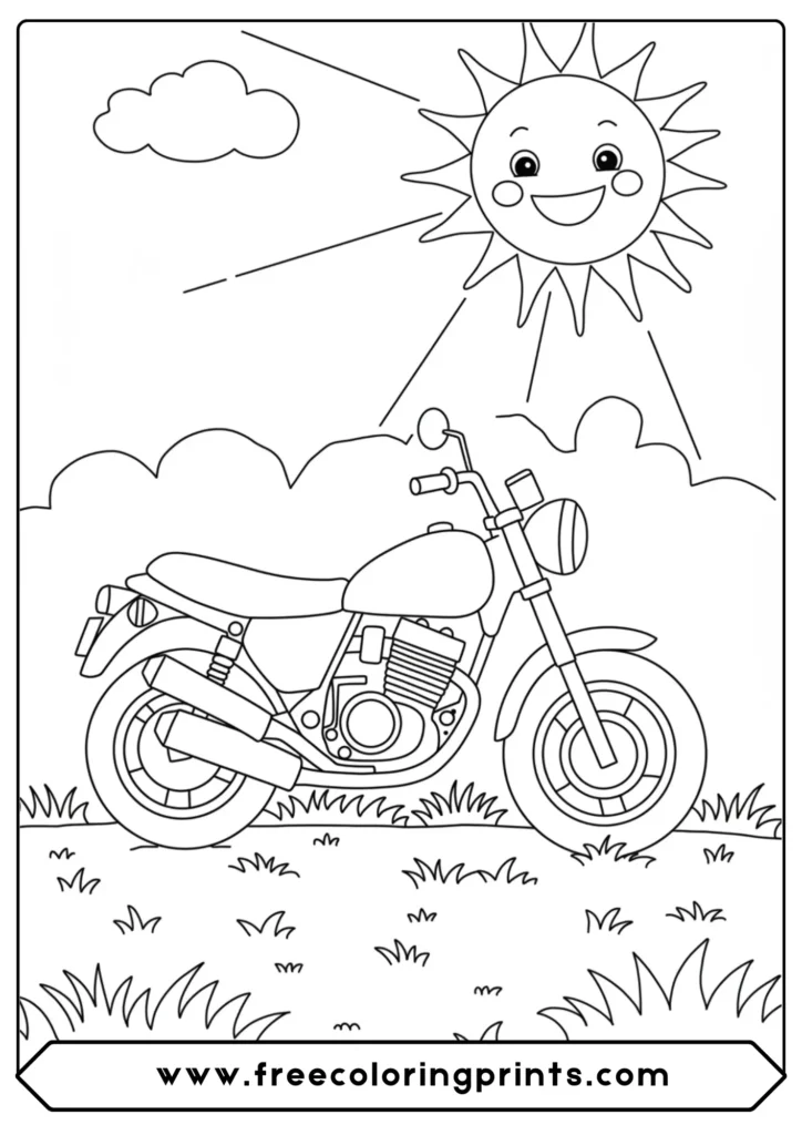 A simple bike under a smiling sun, a cheerful and easy motorcycle coloring page for a happy day.