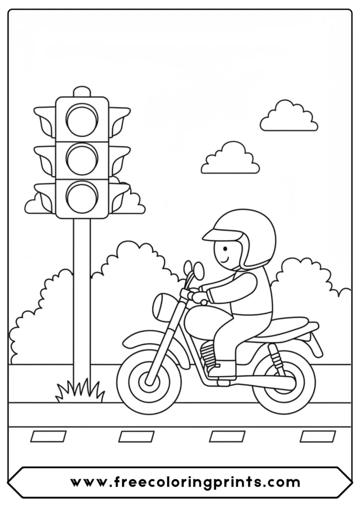A simple bike waiting at a traffic light, a great educational and easy motorcycle coloring page.