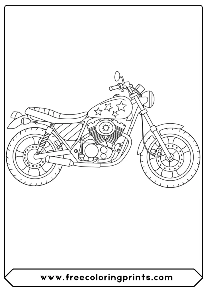 A simple bike with fun patterns to color, a highly creative and easy motorcycle coloring page.