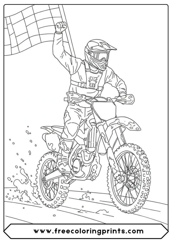A victorious rider covered in mud at the finish line, a fantastic coloring page of a motorcycle for telling a story.