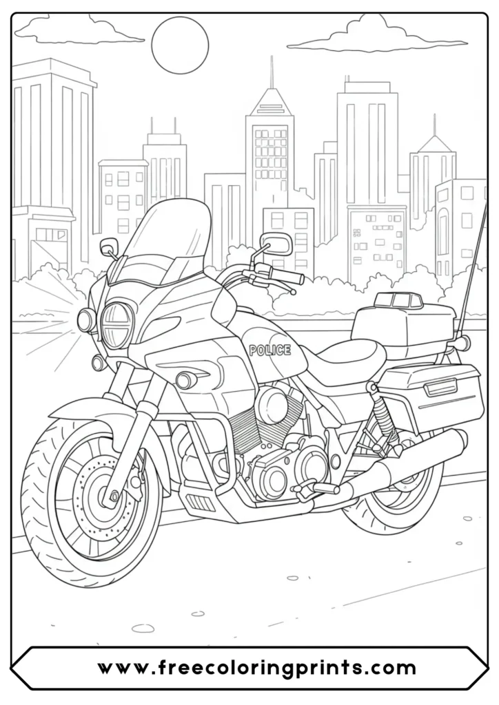 A police bike on night patrol, an atmospheric police motorcycle coloring page for a unique mood.