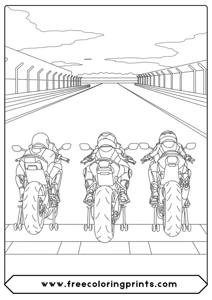Three sport bikes on a starting grid, a detailed scene from our racing motorcycle coloring pages collection.