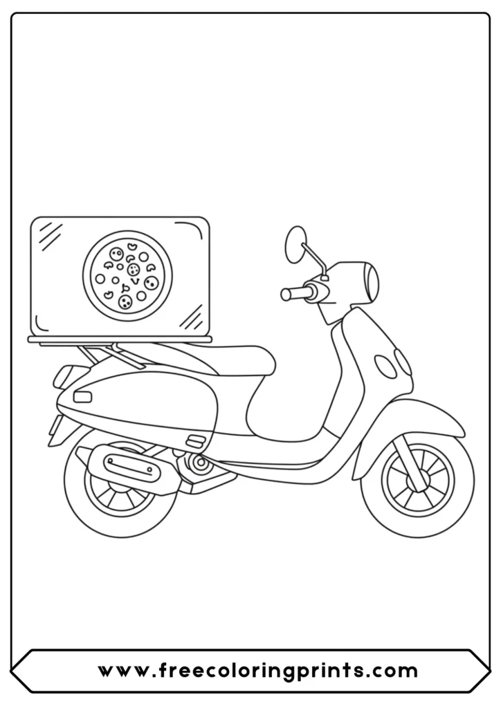 A cute pizza delivery scooter, a funny and easy motorcycle coloring page for a playful theme.
