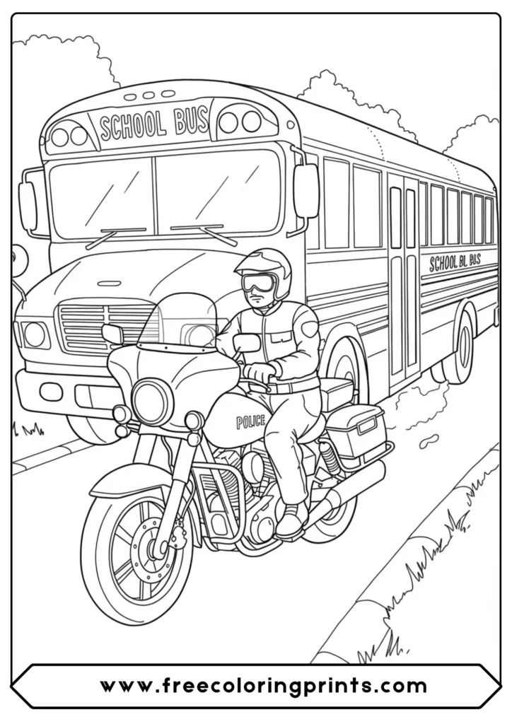 A police motorcycle escorting a school bus, a wonderful community-focused police motorcycle coloring page.