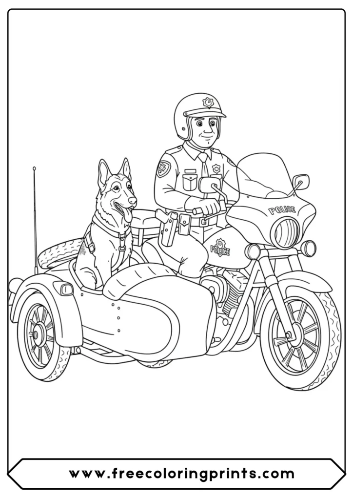 A police officer and his K-9 partner in a sidecar, a heartwarming choice from our police motorcycle coloring pages set.