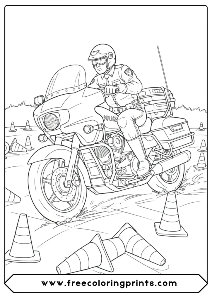 A police officer on a training course, an action-packed choice from our police motorcycle coloring pages.