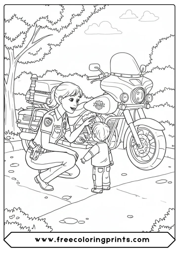 A female police officer talking to a child, an inspiring choice from our police motorcycle coloring pages and community heroes collection.