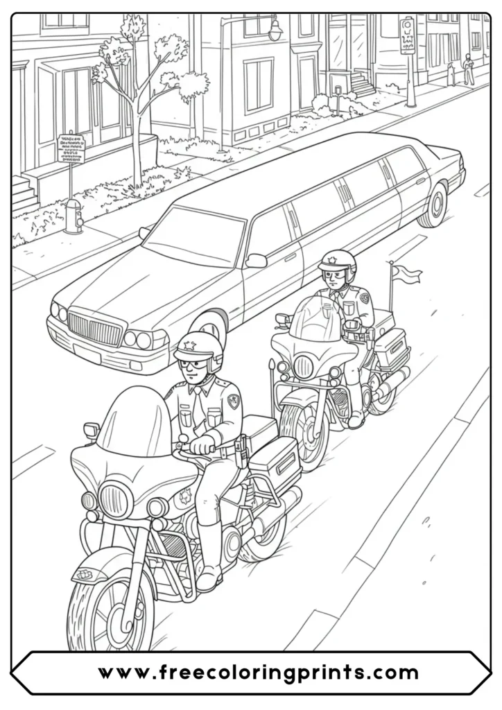 Two police bikes in a motorcade escort, a dynamic scene from our motorcycles coloring pages series.