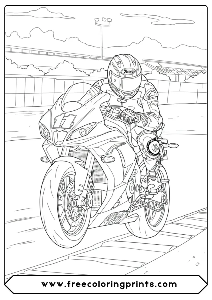 A rider in a "knee down" cornering pose, a thrilling choice from our racing motorcycle coloring pages and sport bike coloring pages collections.