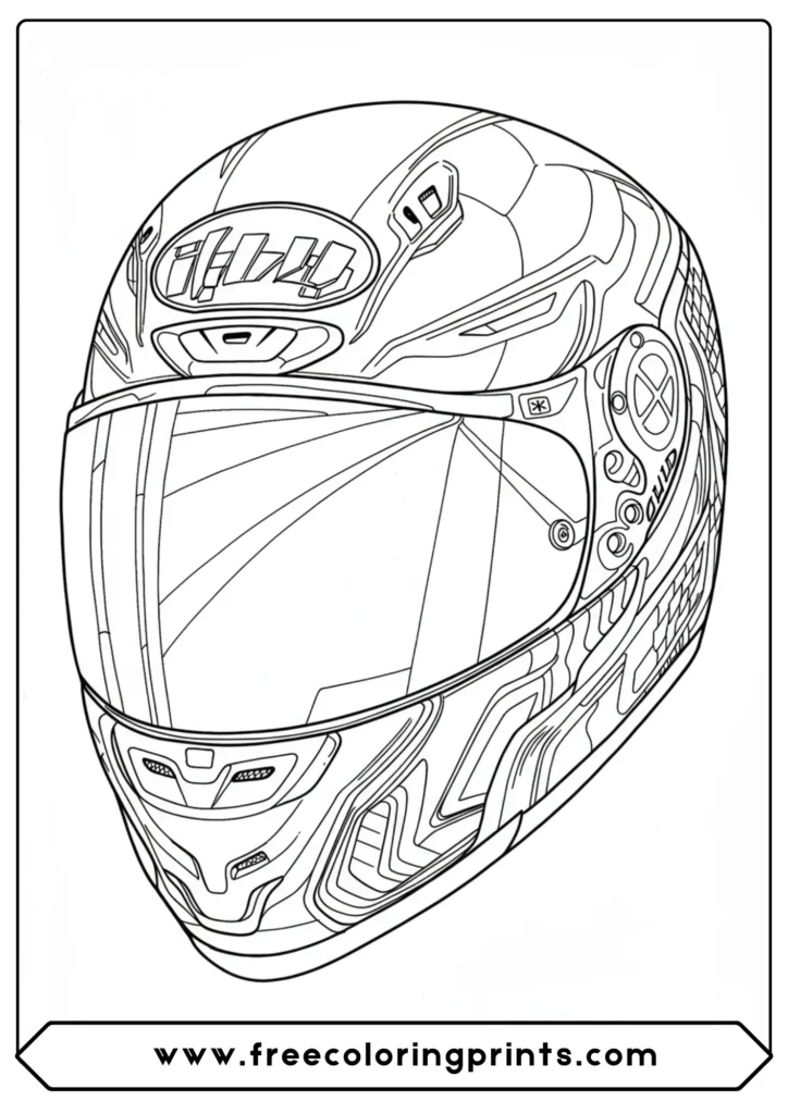 A close-up on a rider's helmet reflecting the finish line, an artistic choice from our motorcycle helmet coloring pages series.