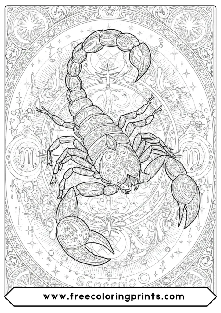 A scorpion as the Scorpio zodiac sign, a unique insects coloring sheet for adults.