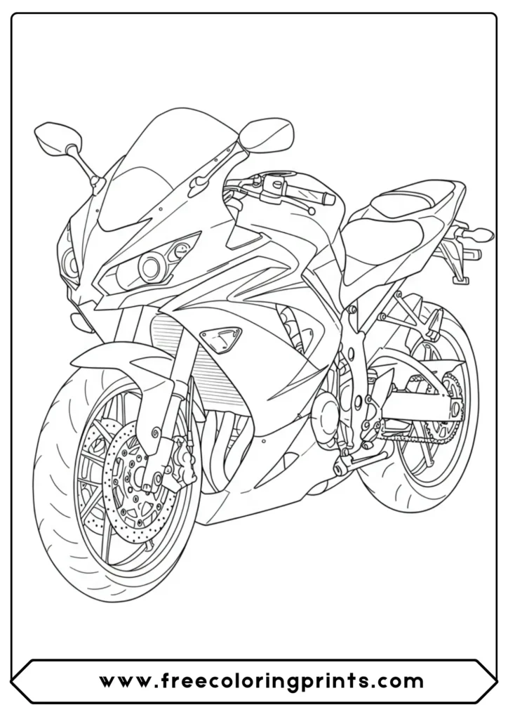 A clean side-profile of a modern superbike, a perfect sport bike coloring page for design lovers.