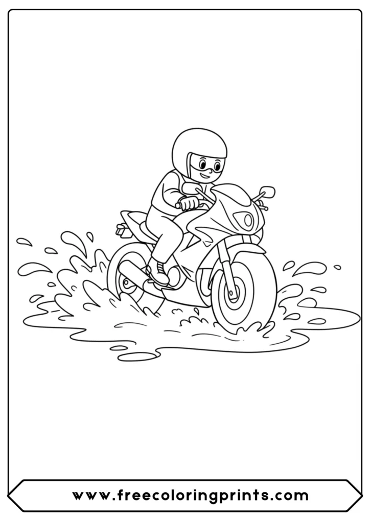 A simple bike splashing in a puddle, a fun and silly choice from our easy motorcycle coloring pages.