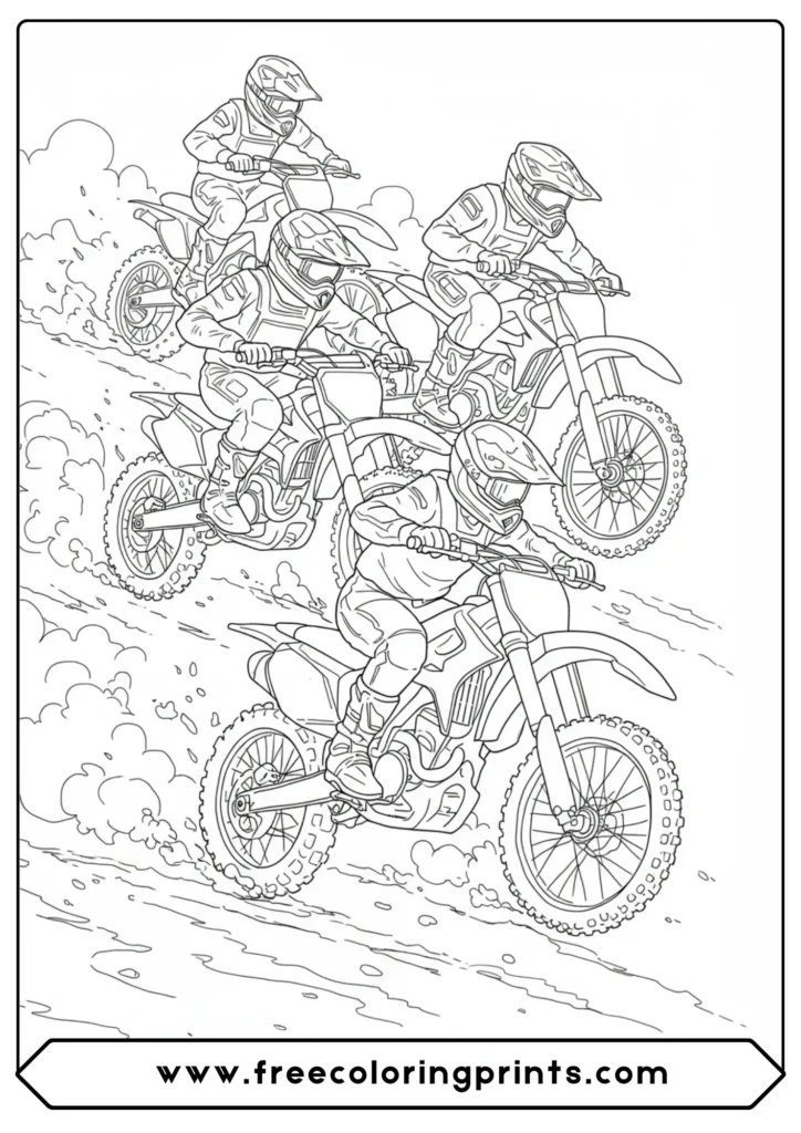 The chaotic start of a race, a thrilling motocross coloring page featuring multiple riders from our collection of dirt bike coloring pictures.