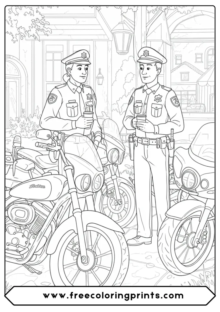 Two police officers on a coffee break, a behind-the-scenes police motorcycle coloring page.
