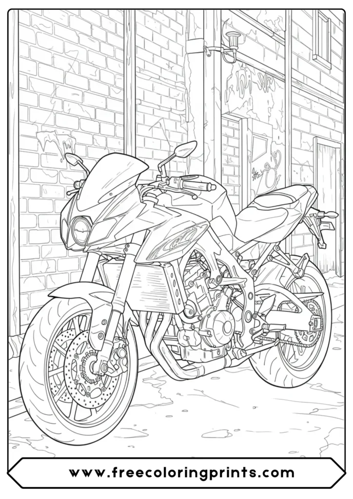 An aggressive "streetfighter" bike in an urban alley, a top choice from our street bike coloring pages collection.