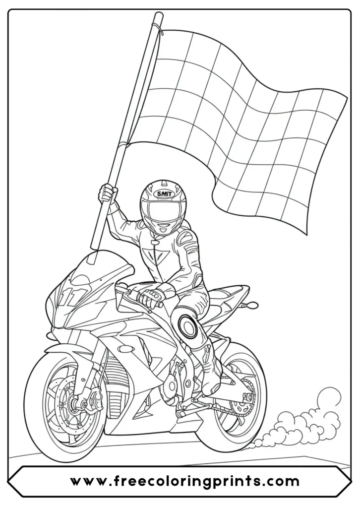 A rider celebrating with a checkered flag, an emotional choice from our racing motorcycle coloring pages selection.