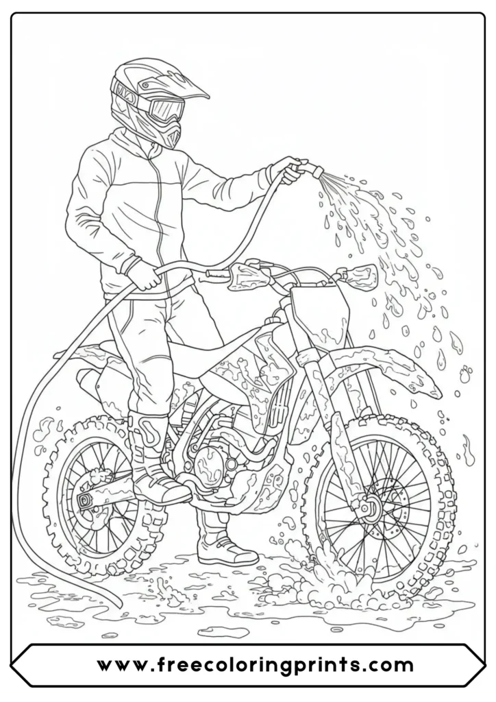 A rider washing a muddy bike, a unique behind-the-scenes dirt bike coloring sheet for a fun activity.