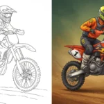 An illustration of a motocross rider in action, shown as both a black-and-white line art and a fully colored version, from our collection of free printable motorcycle coloring pages.