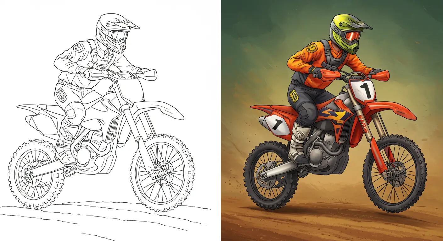 An illustration of a motocross rider in action, shown as both a black-and-white line art and a fully colored version, from our collection of free printable motorcycle coloring pages.